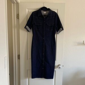 Dark Indigo Denim Midi Shirt Dress - Unbranded